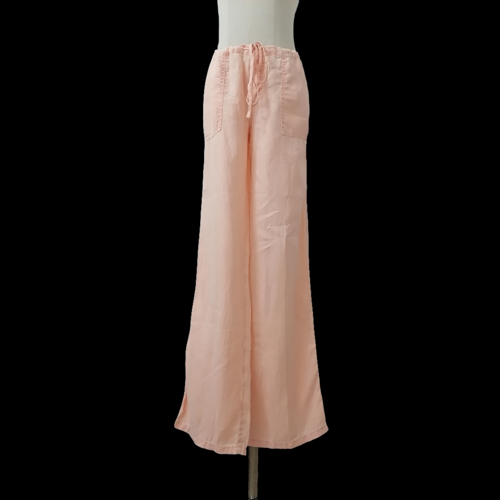 sz: 34"W / 39.5"L, soft peach 100% linen mid rise wide leg pants